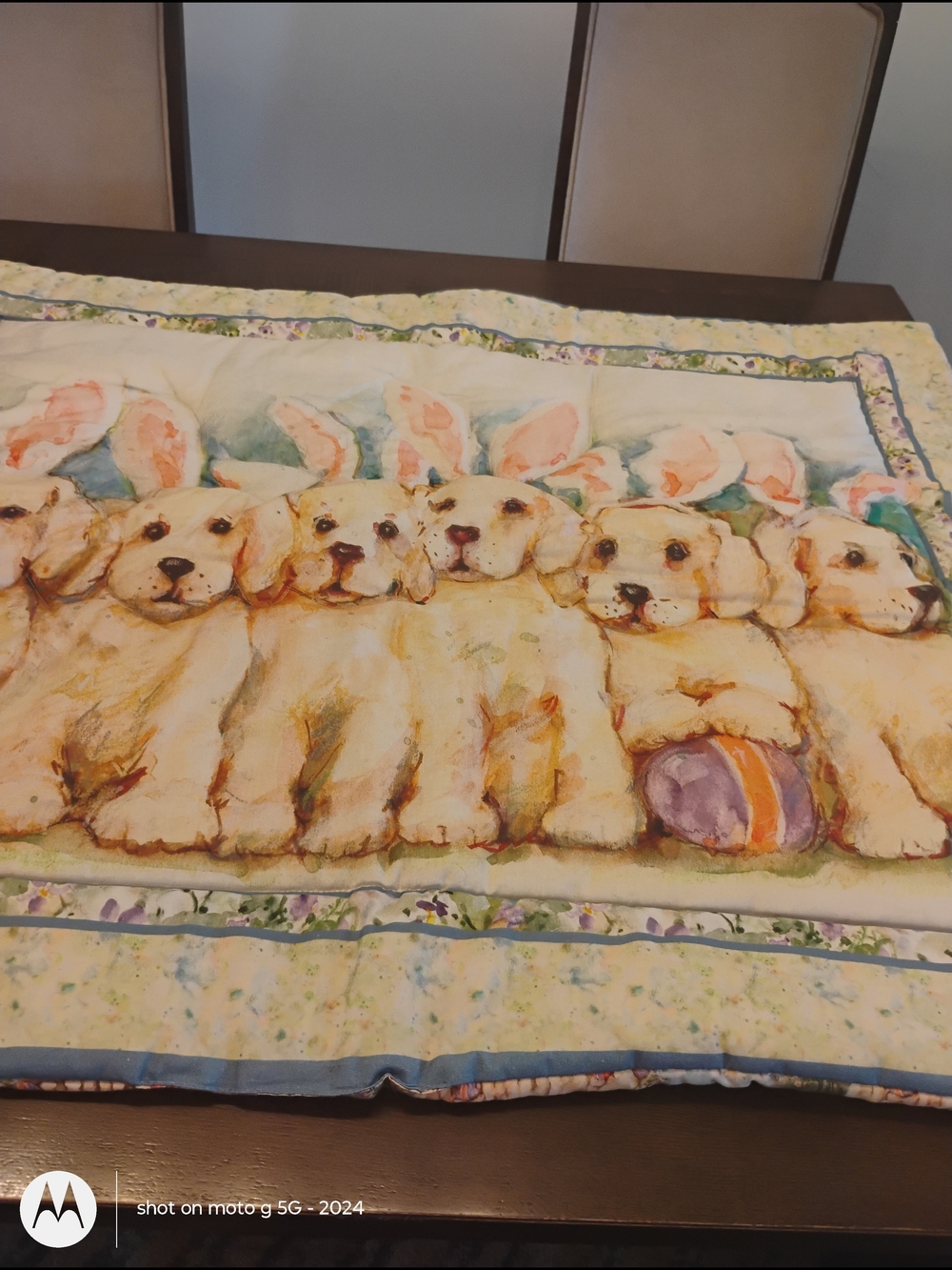 Whimsical Cream Puppy Quilt Throw with Pastel Accents